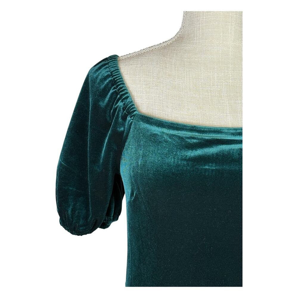 LOFT Velvet Puff Sleeve Square Neckline Midi Dress Women's 4 Emerald Green - Picture 3 of 9